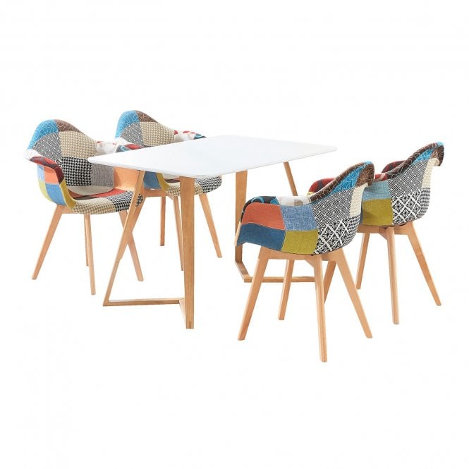 Patchwork Dallas Dining Set 4 Wooden Dining Table & 4 Patchwork Tub Chairs Armrests Scandinavian Design