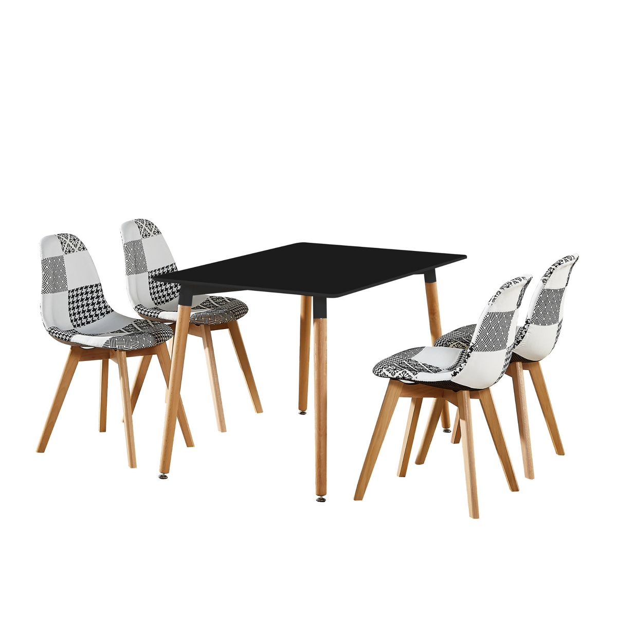 5 Piece Halo Dining Set Table & 4 Black White Patchwork Chairs