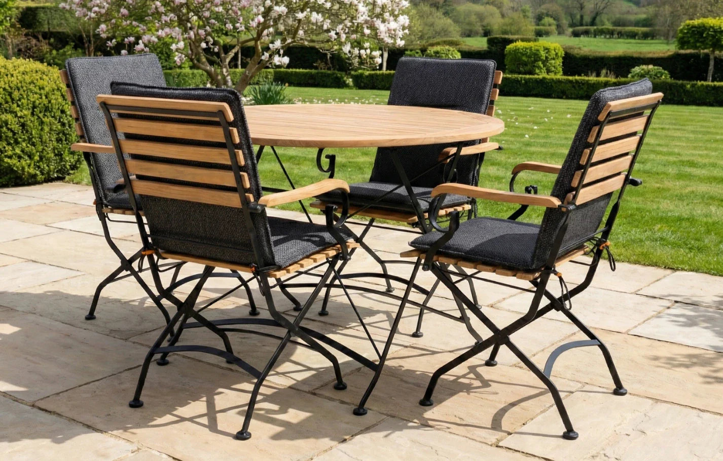 Sicily 4 Seater Teak and Wrought Iron Round 110cm Garden Dining Set - PN Home