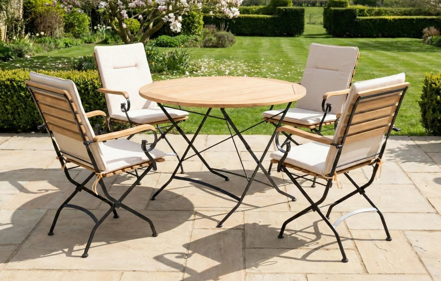 Sicily 4 Seater Teak and Wrought Iron Round 110cm Garden Dining Set - PN Home