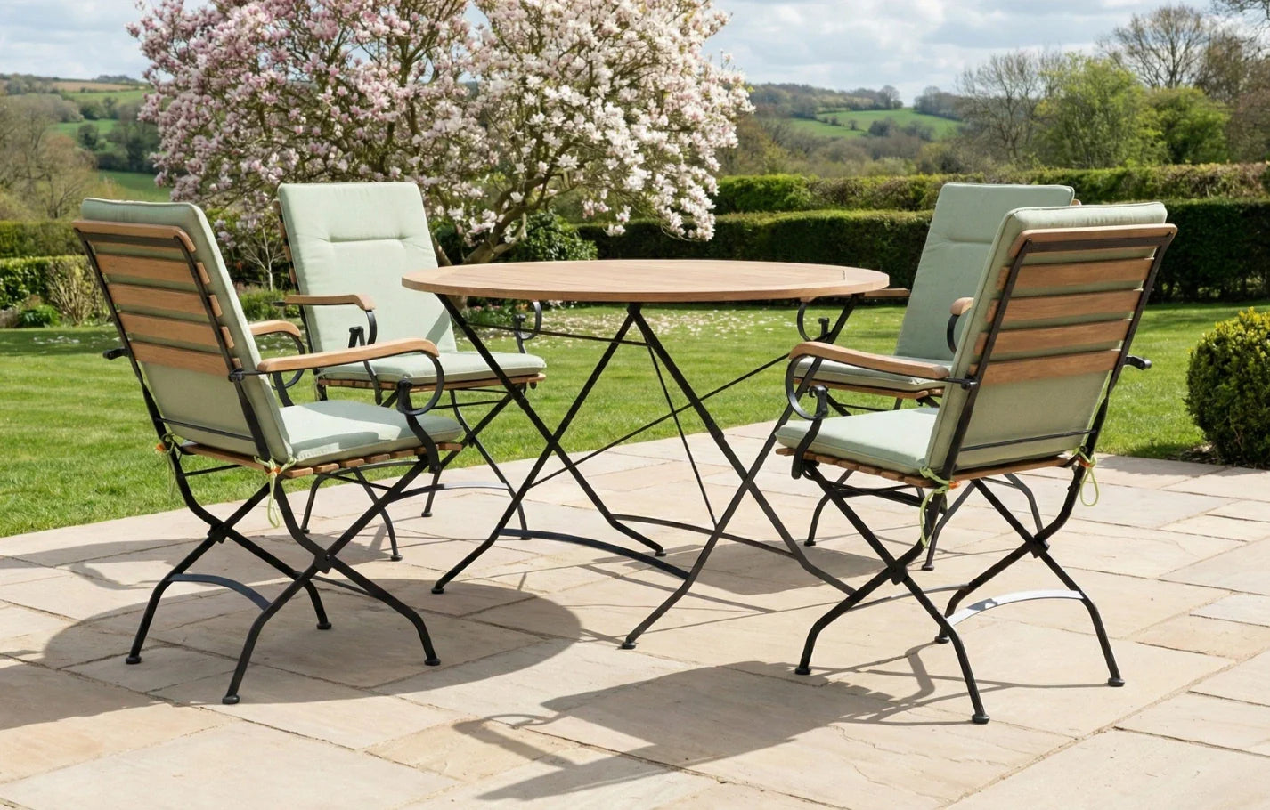 Sicily 4 Seater Teak and Wrought Iron Round 110cm Garden Dining Set - PN Home