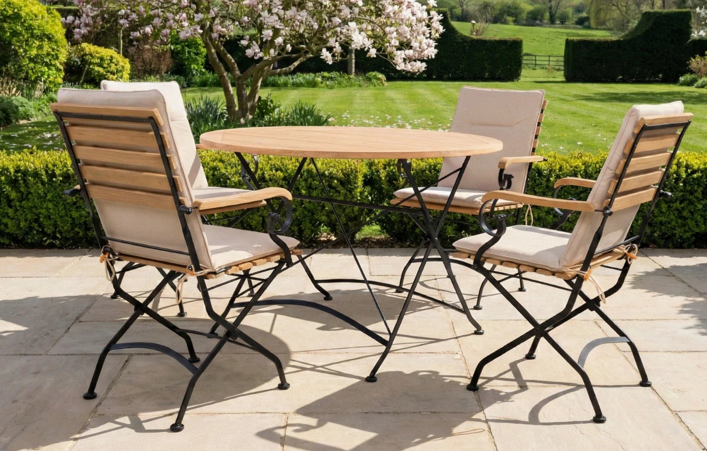 Sicily 4 Seater Teak and Wrought Iron Round 110cm Garden Dining Set - PN Home
