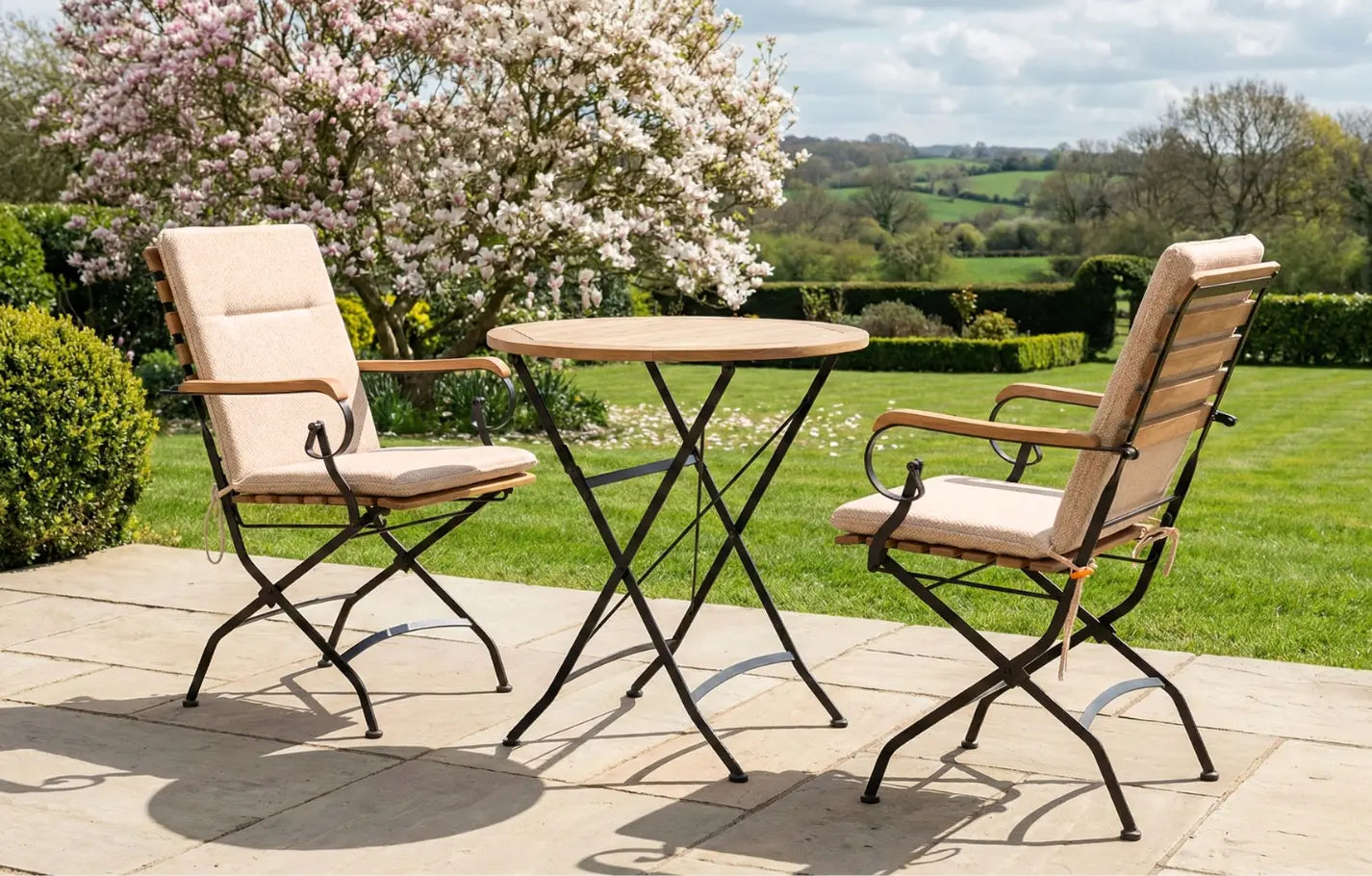 Sicily 2 Seater Teak and Wrought Iron Round 70cm Garden Dining Set - PN Home