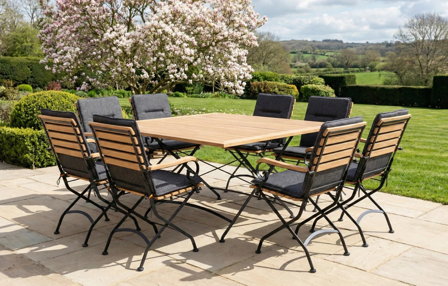 Sicily 8 Seater Teak and Wrought Iron Square 140cm Garden Dining Set - PN Home
