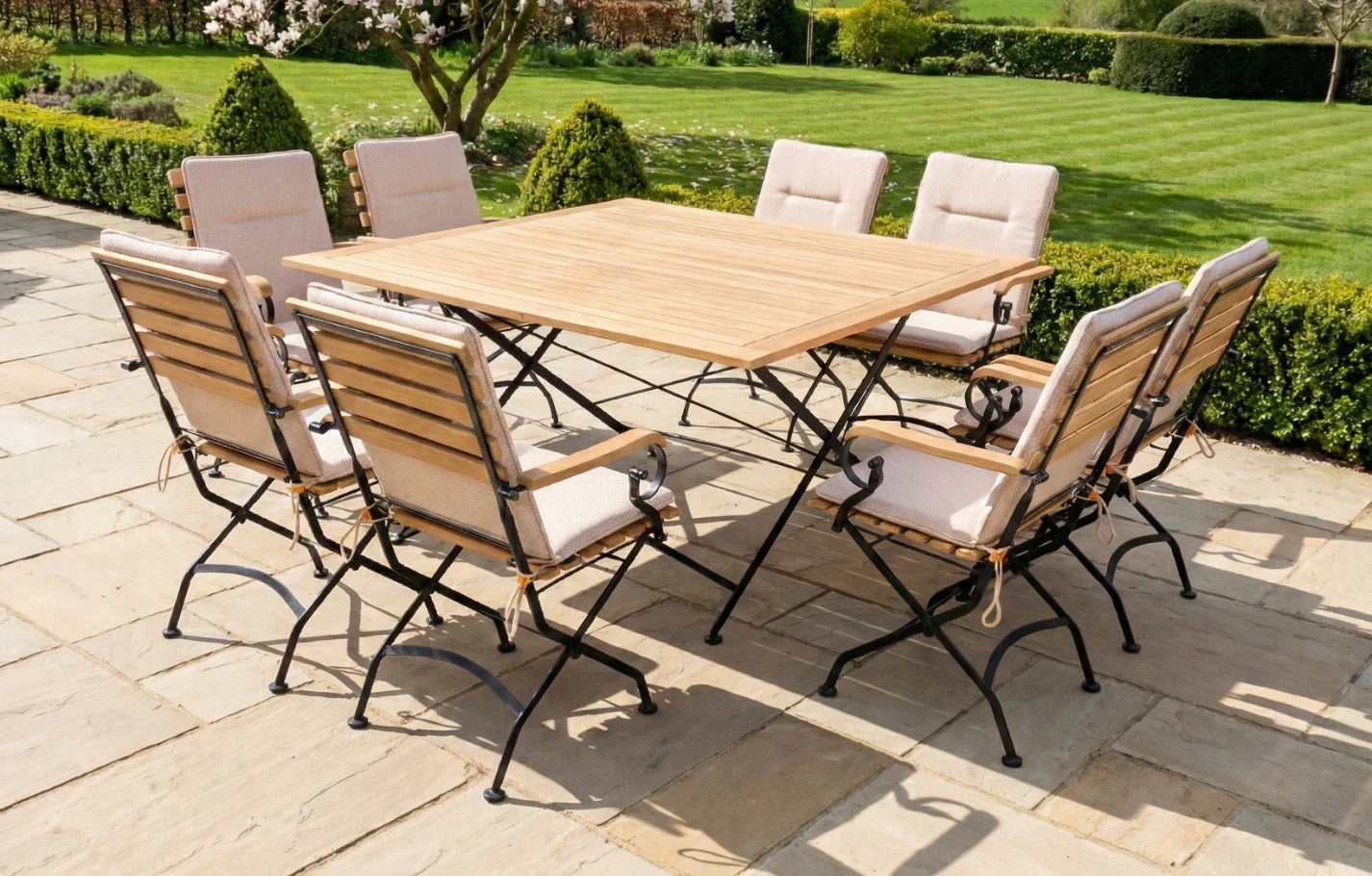 Sicily 8 Seater Teak and Wrought Iron Square 140cm Garden Dining Set - PN Home